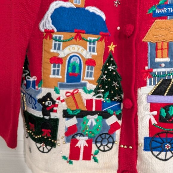 Vintage North Pole Cardigan Womens Size Medium Embroidered Beaded Christmas Red - Picture 5 of 16